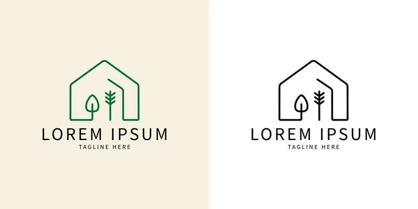 Ev ve ağaç basit bir logo. Hat logosu tarzı. Organik yaşam tarzı damgası. Basit düzenlenebilir vektör tasarımı