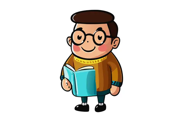 Bir adamın kitap okuduğu sevimli çizgi film karakteri. Eğitim için uygun. Üretken yapay zeka teknolojisi