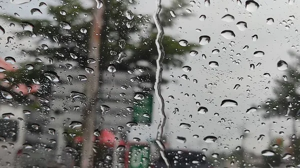 Gotas Chuva Vidro Gotas Molhadas Janela Tempo Chuvoso — Fotografia de Stock