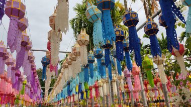 Ağaçtan sarkan renkli kağıt fenerler.