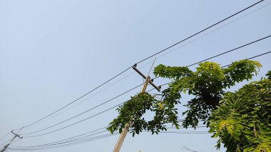 yüksek voltajlı elektrik hatları, kablolar, mavi gökyüzü