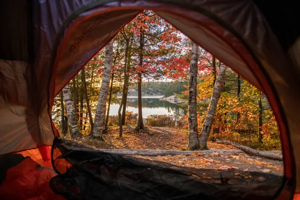 Beautiful Lake View Golden Hour Fall Foliage Camping Tent — Stock Photo, Image
