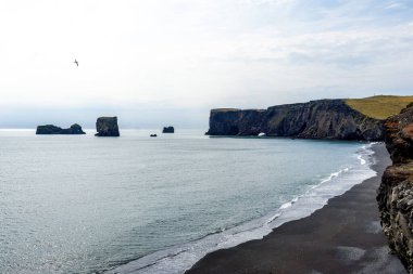 Parçalı bulutlu yeşil uçurumlarla dolu İzlanda 'da güzel bir kumsal manzarası