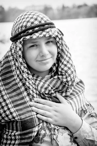 Summer River Day Beautiful Boy Arafatka Arab Scarf Standing Road — Stock Photo, Image