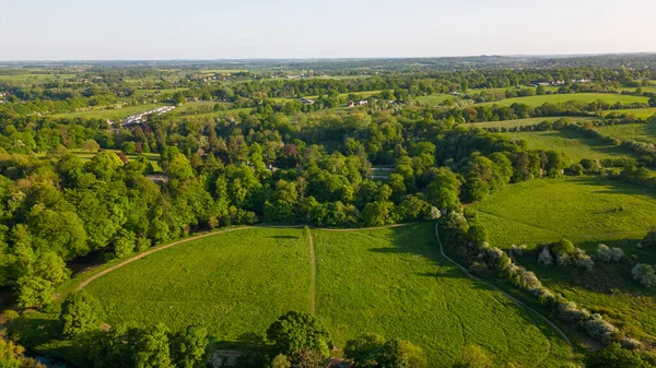 stock image aerial view of green field and trees in countryside.