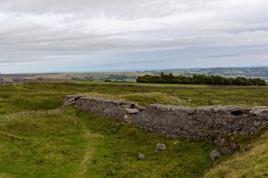 Kırsaldaki antik bir şatonun kalıntılarının dikey bir resmi.