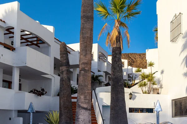 Sokakta beyaz bir ev, palmiye ağaçları ve mavi gökyüzü.