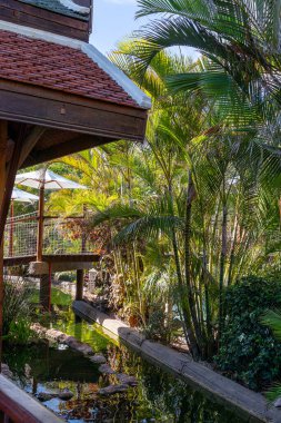 Arkasında ahşap bir köprü olan parkın güzel manzarası.