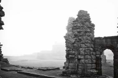 Black and white photograph of ancient stone ruins shrouded in fog. The ruins consist of tall, weathered stone structures and arches, with a misty background obscuring further details. clipart