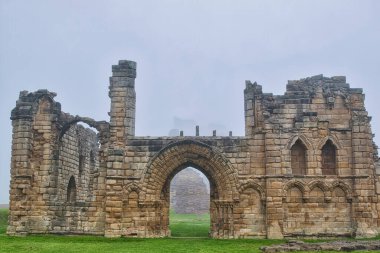 A foggy scene of ancient stone ruins with arched doorways and windows, surrounded by green grass. clipart