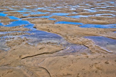 Sığ su birikintileri olan kumlu bir sahilin yakın görüntüsü. Kum, gelgitin yarattığı dalgalanmaları ve desenleri ve suyun içinde gökyüzünün yansımalarını barındırır. Genel manzara sakin bir kıyı atmosferini taşır..