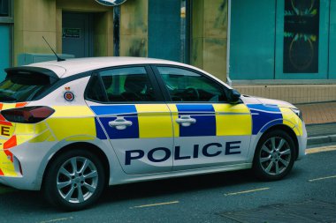 Sokağa park etmiş bir polis arabası. Mavi ve sarı renkli bir şeması var. Araç modern ve kompakt. Üzerinde polis amblemi var..