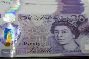 Kraliçe II. Elizabeth 'in portresinin yer aldığı, İngiltere Bankası' ndan gelen 20 poundluk banknotun yakın plan görüntüsü. Notta holografik unsurlar ve karmaşık tasarımlar var. Güvenlik özelliklerini gösteriyor..