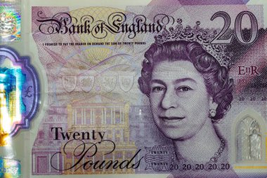 Kraliçe 2. Elizabeth 'in portresi ve karmaşık güvenlik özelliklerinin yer aldığı 20 poundluk bir İngiliz banknotunun yakın çekimi..