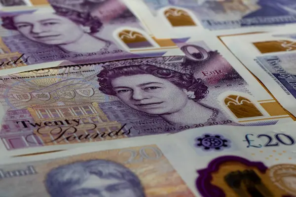 Kraliçe 2. Elizabeth 'in portresi ve 20 Pound' luk metnin detaylarının yer aldığı birkaç İngiliz banknotunun yakın plan görüntüsü..