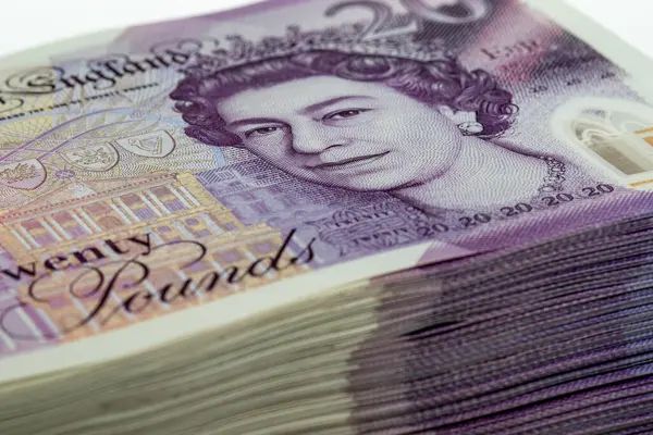 İngiltere Bankası mührü Kraliçe 2. Elizabeth 'in yer aldığı 20 pound' luk banknotların yakın plan görüntüsü..