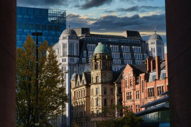 Yüksek camdan bir bina, kubbeli beyaz bir bina ve kırmızı tuğlalı bir bina da dahil olmak üzere birçok binalı bir gökyüzü manzarası. Ön planda yeşil bir ağaç var ve Manchester, İngiltere 'de gökyüzü bulutlu..