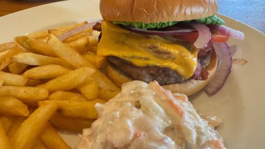 Beyaz tabakta salatalı, domatesli, kırmızı soğanlı ve pastırmalı bir çizburger var. Yanında patates kızartması ve kremalı lahana salatası var..