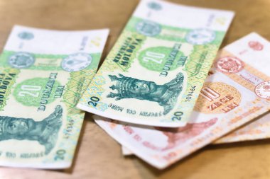 Moldova leu banknotlarının çok sayıda yakın görüntüsü, ağırlıklı olarak açık kahverengi bir yüzey üzerinde 20 lei banknotlarını gösteriyor. Banknotlar renk ve tasarım elementlerindeki varyasyonları gösterir.