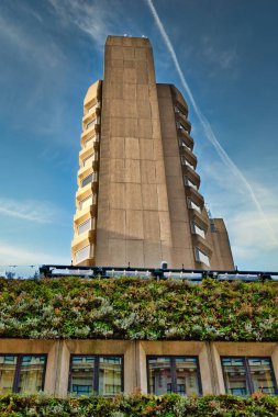 Çok sayıda penceresi olan uzun, açık kahverengi beton bir bina kısmen görülebilir ve üst kısmı çerçeveye hakim. Yapının alt kısmını yeşil bir çatı bahçesi kaplıyor. Manchester 'da zıt kutuplu mavi bir gökyüzü var., 