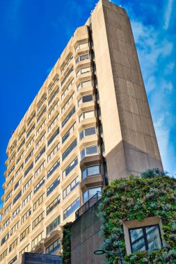 Çok sayıda penceresi olan, parlak mavi gökyüzüne karşı kurulmuş bej renkli bir gökdelendi. Aşağı bir binanın bir bölümü Manchester, İngiltere 'de kısmen yeşil yapraklarla kaplıdır..