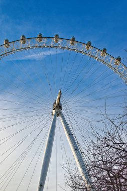 Açık mavi gökyüzüne karşı Londra Göz Dönme Dolabının alçak açılı görüntüsü. Tekerleğin yapısı, kapsülleri ve destek sütunları ön planda bir ağacın çıplak dalları ile görülebilir..