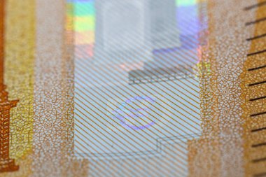 Banknotun güvenlik özelliklerinin yakın plan çekimi; çapraz çizgili bir arkaplanda, karmaşık, altın desenli bir sınırla çevrili soluk-mavi bir avro sembolü gösteriyor. Gökkuşağı yanardağı görünür.