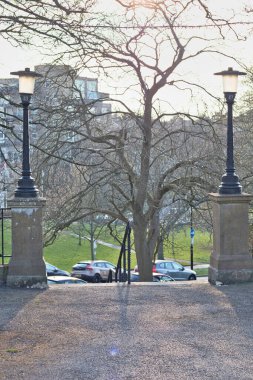 Olay yerini çevreleyen çıplak ağaçlar, park edilmiş arabalar ve iki lamba direği olan bir park manzarası. Binalar Harrogate, Yorkshire, İngiltere 'de arka planda görülebilir..