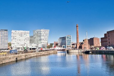 Liverpool, İngiltere 'de uçmakta olan bir kuşla açık mavi gökyüzü altında modern ve tarihi mimariye sahip liman manzarası.
