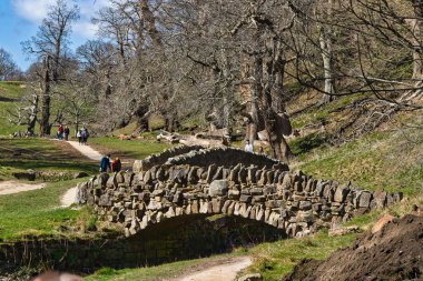 Yapraksız ağaçların ve İngiltere 'deki Studley Royal Park' ın arka planında yürüyen insanların bulunduğu parka benzer bir yerde eski bir taş köprü..