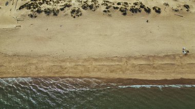 Kum tepecikli bir sahil manzarası, seyrek bitki örtüsü, birkaç insan ve İngiltere Sandhaven Sahili 'ndeki sahil boyunca dalgalar..