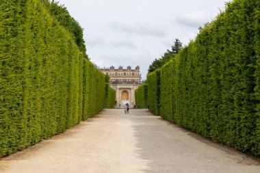 Uzun yeşil çitlerle çevrili bir patika, bulutlu bir gökyüzünün altında, fıskiyeli bir binaya çıkıyor. İnsanlar Versailles Gardens, Paris yolunda yürüyorlar..