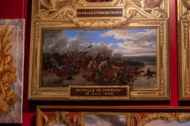 Formigny Savaşı 'nın çerçeveli resmi, 18 Nisan 1450, Lehmann ve Lafaye tarafından, Charles VII, Roi de France.