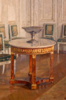 Painting featuring a round table with a marble top, supporting a silver bowl, in a room with chairs and wall art at Versailles Palace, Paris.