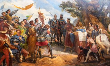 Painting depicting a historical scene with a king, soldiers, and banners, rendered in warm tones and detailed figures at Versailles Palace, Paris.