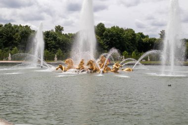 Görüntü, Versay 'daki Apollo Çeşmesi' ni gösteriyor. Arka planda ağaçlar olan göldeki su jetleri arasında altın heykeller bulunuyor..