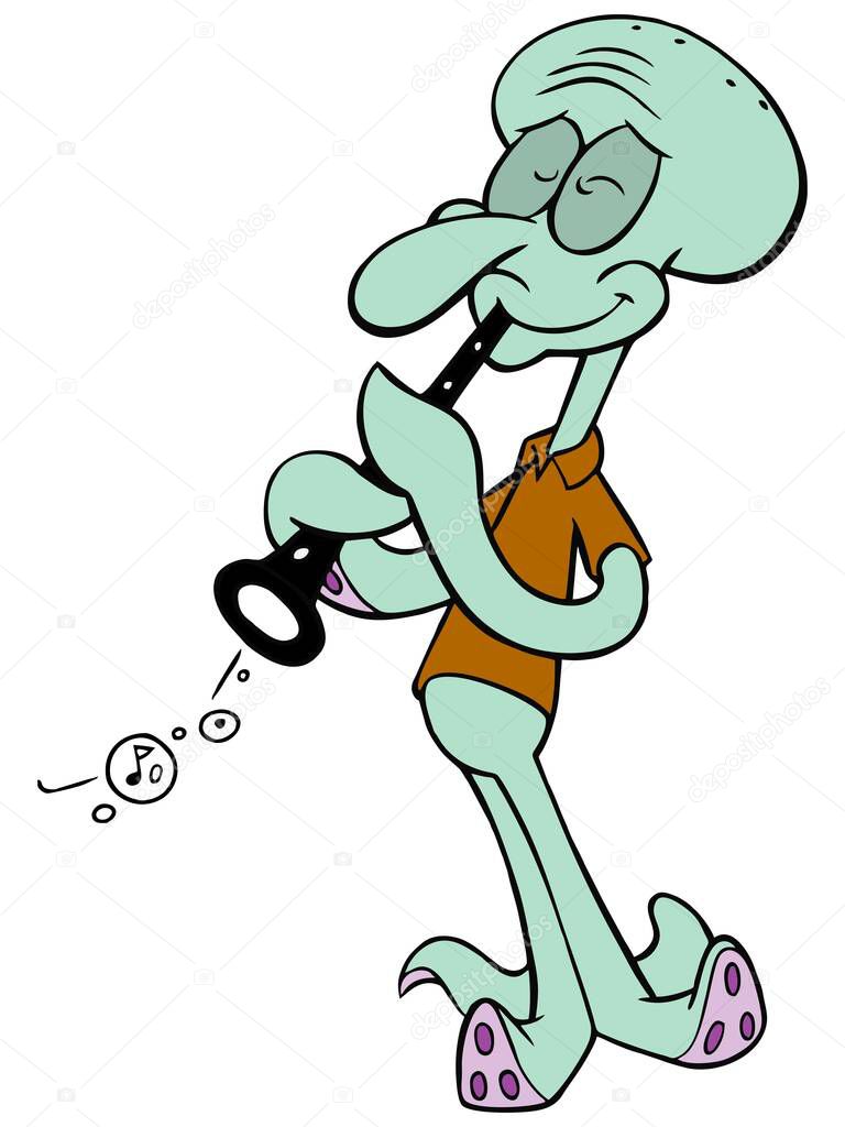 Cartoon squidward in spongeboob squarepants with a microphone