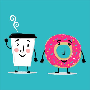 İki tatlı çizgi film çöreği ve kahve. Vektör çizimi. düz biçim illüstrasyonu.