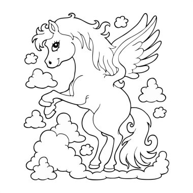 Çocuklar için boyama kitabı, boyama kitabı, tek boynuzlu at, bulutlar ve bulutlar