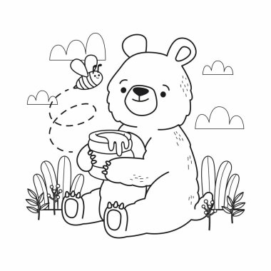 Bir fincan çayla birlikte sevimli çizgi film ayıcığı. Çocuklar için boyama kitabı..