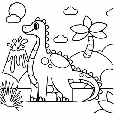 Çocuklar için boyama kitabı, vektör çizimi. Yaprakları olan sevimli bir dinozor. Siyah beyaz çizgi film. Çocuklar için boyama kitabı.