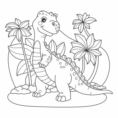 Yetişkinler için boyama kitabı, çiçekli şirin küçük dinozor, vektör çizimi