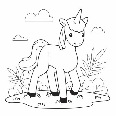Çim karakter vektör illüstrasyon tasarımında küçük tek boynuzlu at