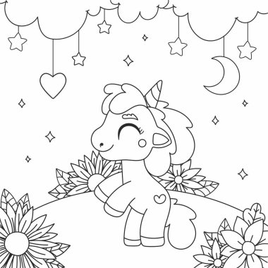 Küçük şirin tek boynuzlu at çizgi film boyama kitabı.