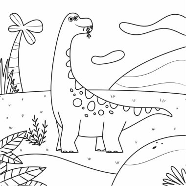 Çocuklar için boyama kitabı, çiçekli şirin dinozor.