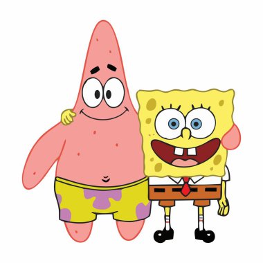 Sevimli ve komik çizgi film karakteri Süngermeme ve Patrick Star 'ın gülümsemesi ve kucağında