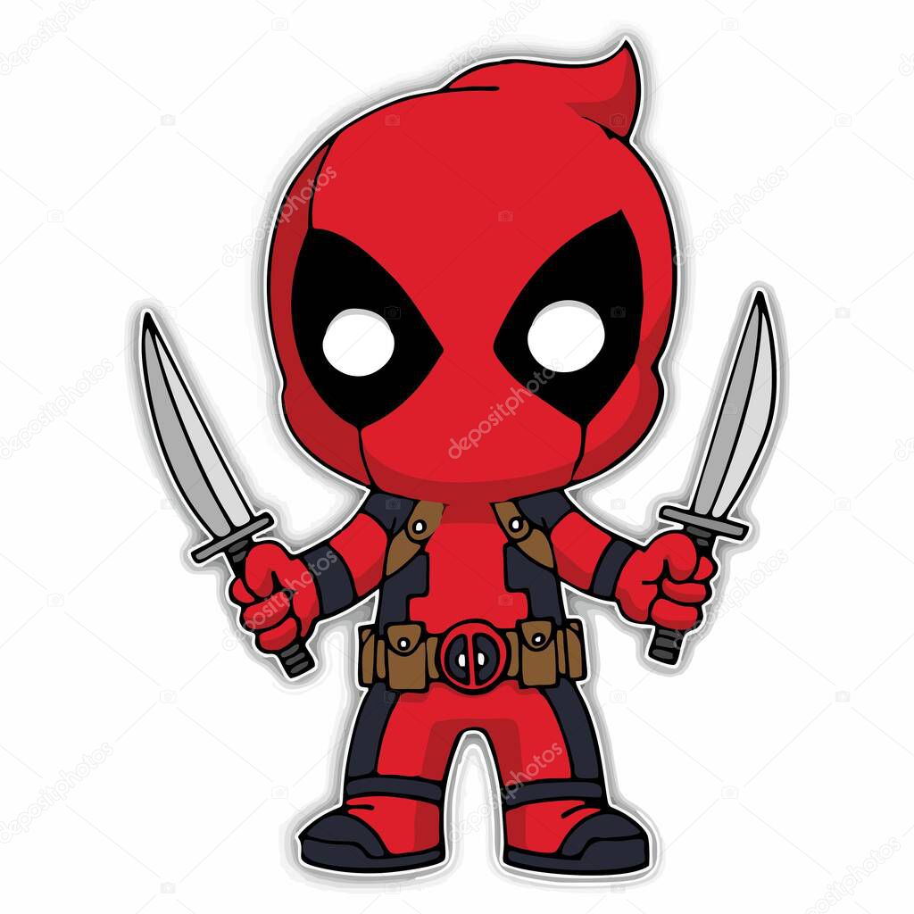 Cartoon rdeadpool character with sword, vector illustration isolated on transparent background.
