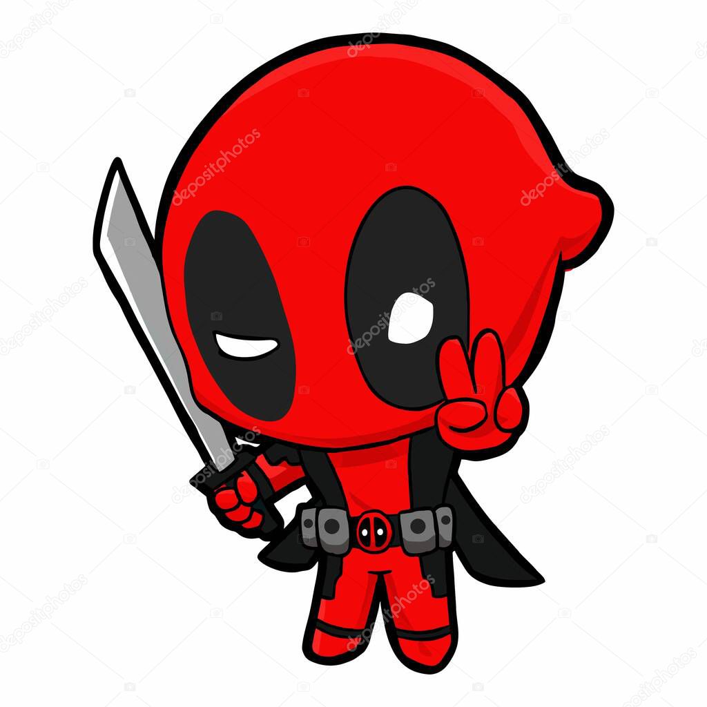 Vector cartoon illustration of Deadpool in costume isolated on white background.