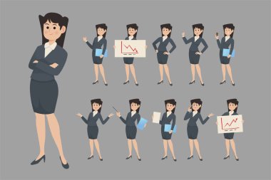 Farklı pozlar veren bir iş kadını. vektör illüstrasyonu.