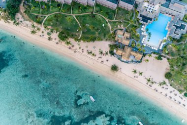 Palmiye ağaçları ve deniz manzaralı tropikal sahil beldesi.